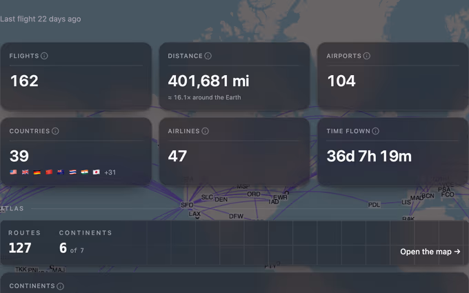 The Logbook’s hero stats band — total flights, distance, airports, countries, airlines, and time flown