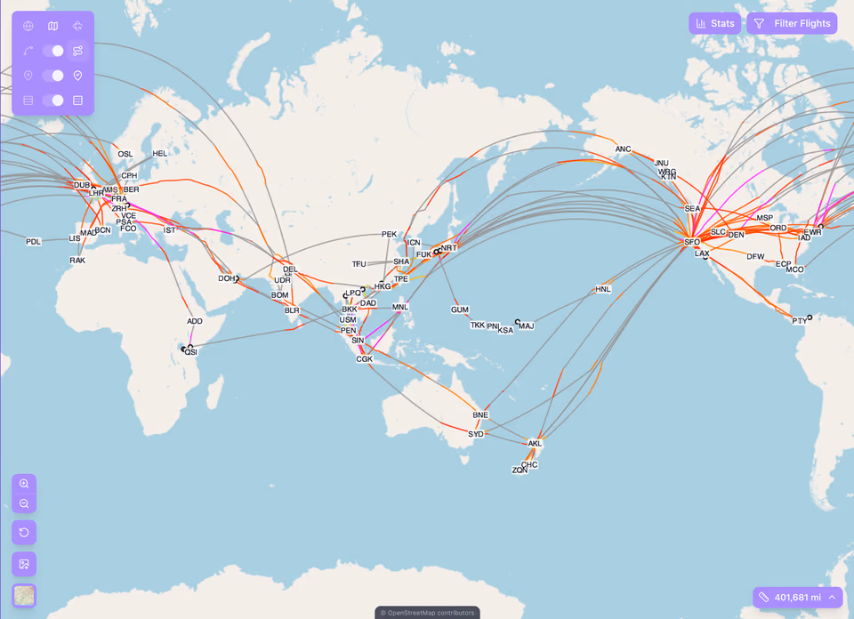 A world map of real GPS flight tracks converging on major hubs, visibly not straight great-circle lines