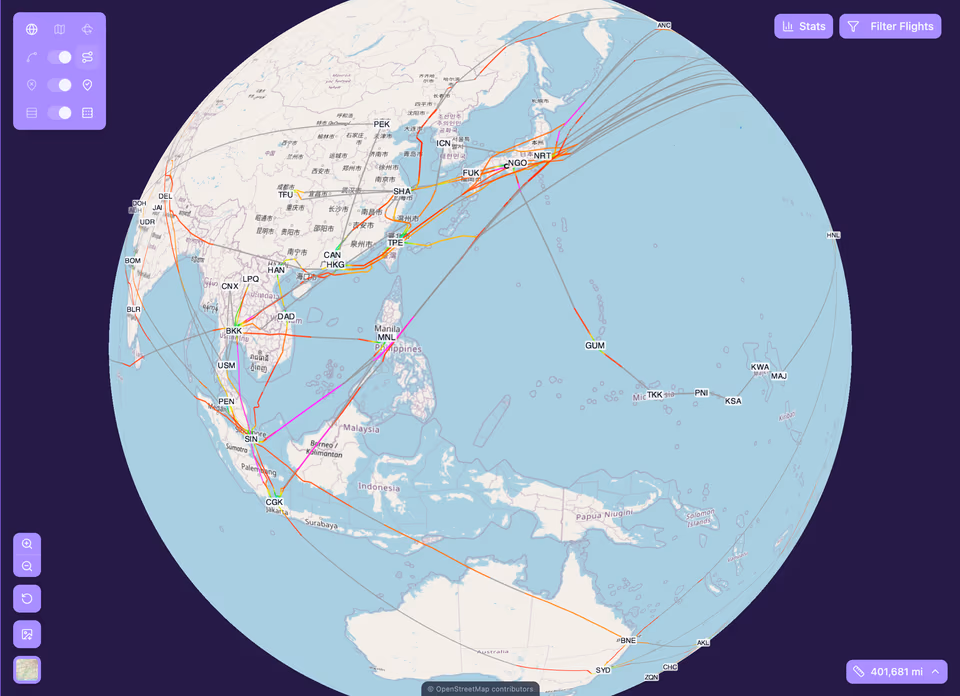A spinning 3D globe showing the demo account’s full flight history as colorful altitude-graded tracks